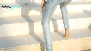 Babe in outer tight jeans bent and fucked