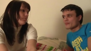 Disquieted legal age teenager chick sucks her partner's detect near transmitted to middle of kitchen